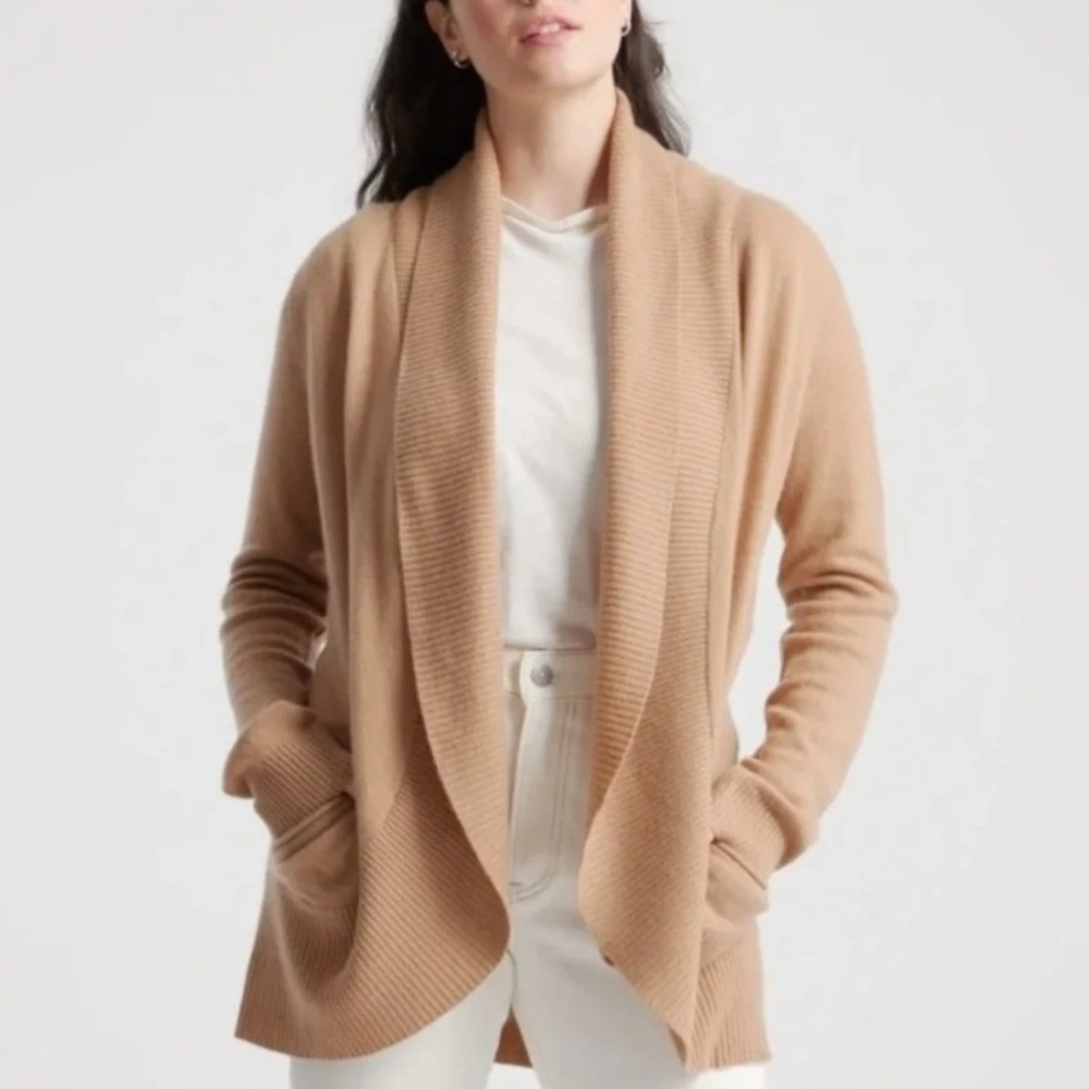 Quince Cashmere Shawl Collar Cardigan Women Medium Tan Open Front Pockets